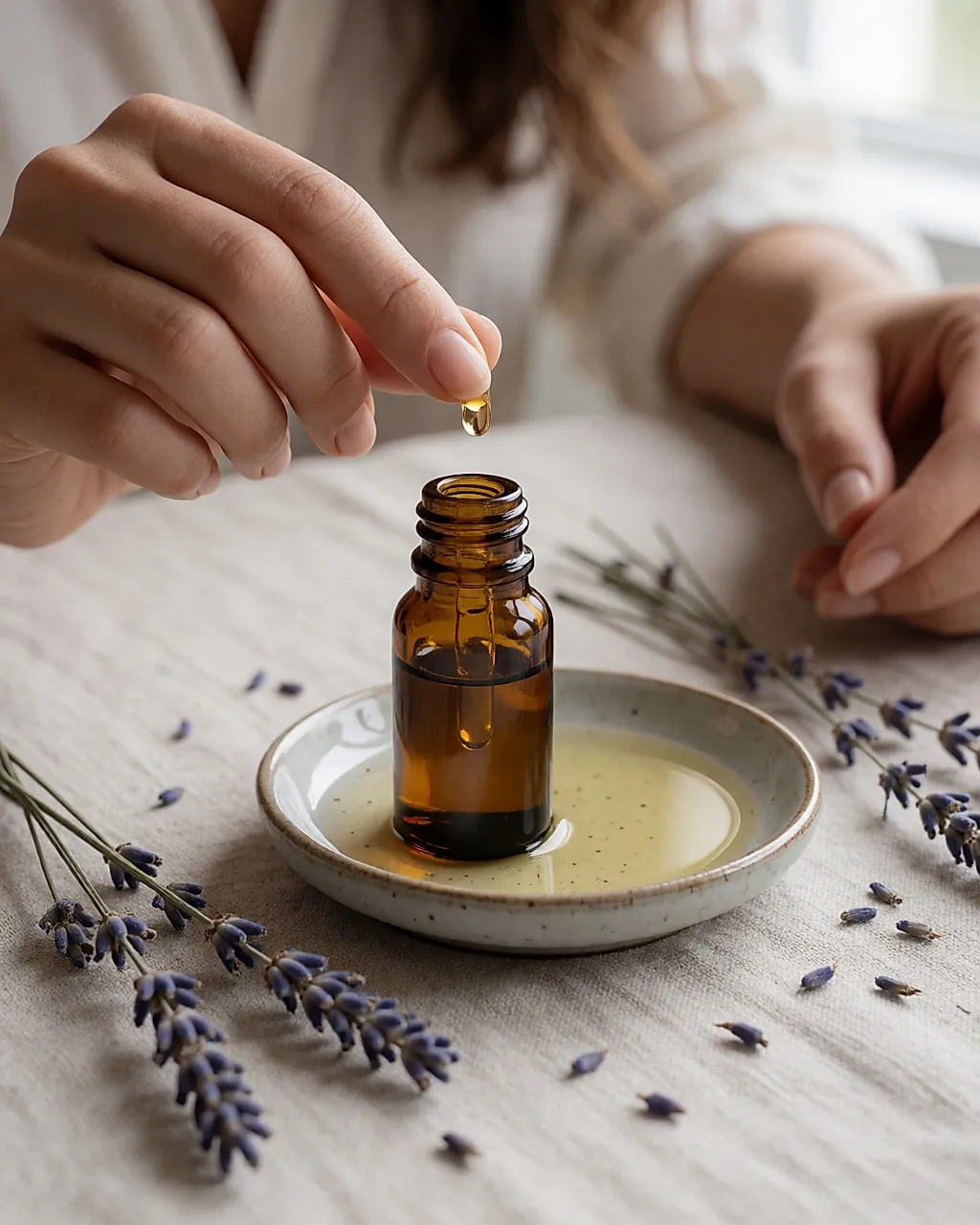 Flacon d'huile essentielle en verre ambré, goutte sur un doigt et brins de lavande séchée