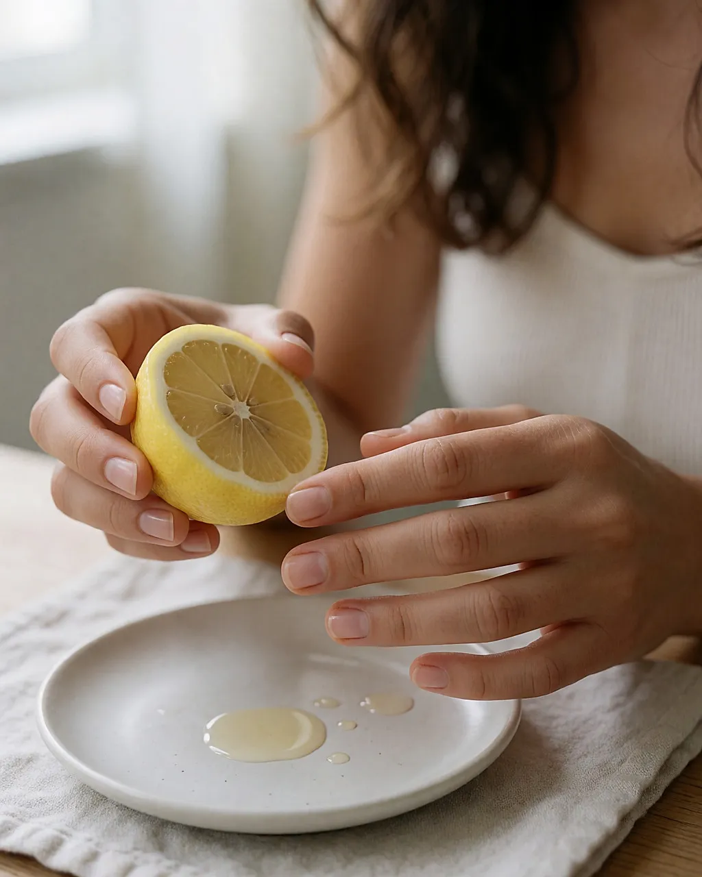Mains frottant la pulpe d'un citron coupé sur les ongles, quelques gouttes sur une assiette