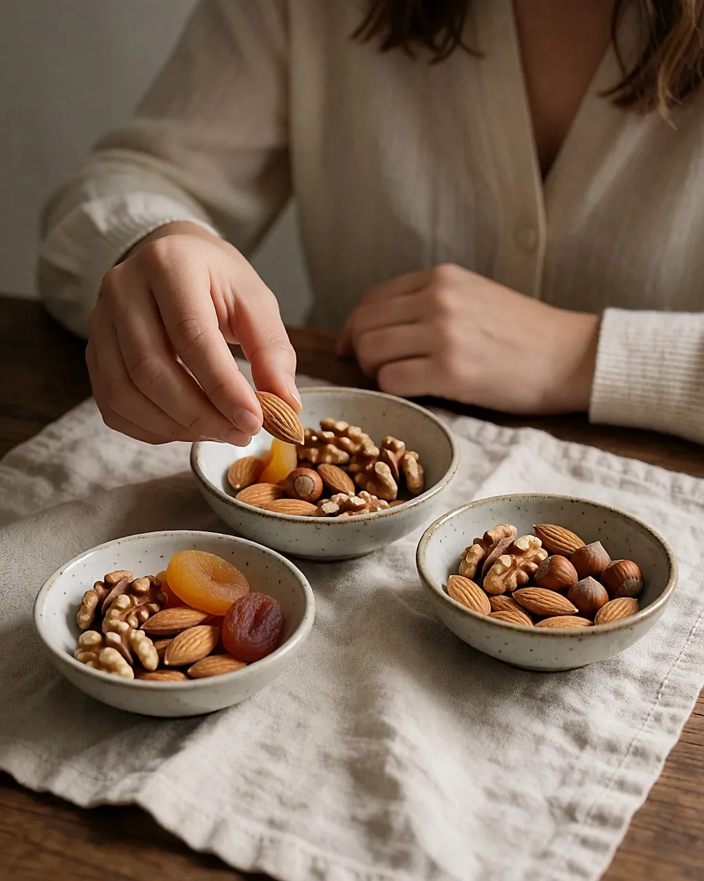 Petits bols de fruits secs et d'oléagineux posés sur du lin