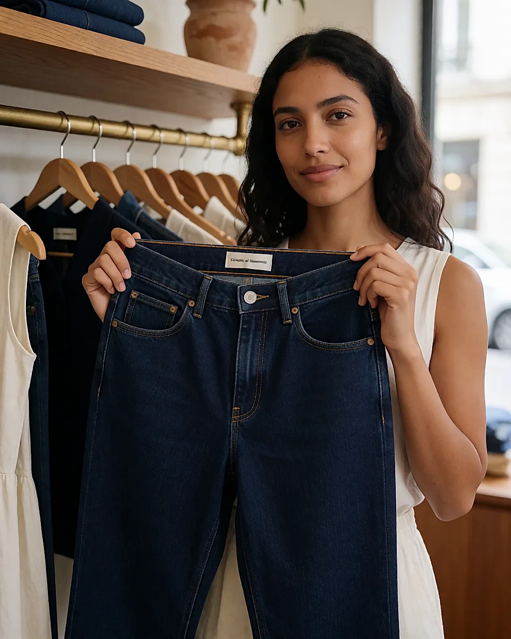 Une jeune femme tient un jean Citizens of Humanity à hauteur de taille en boutique