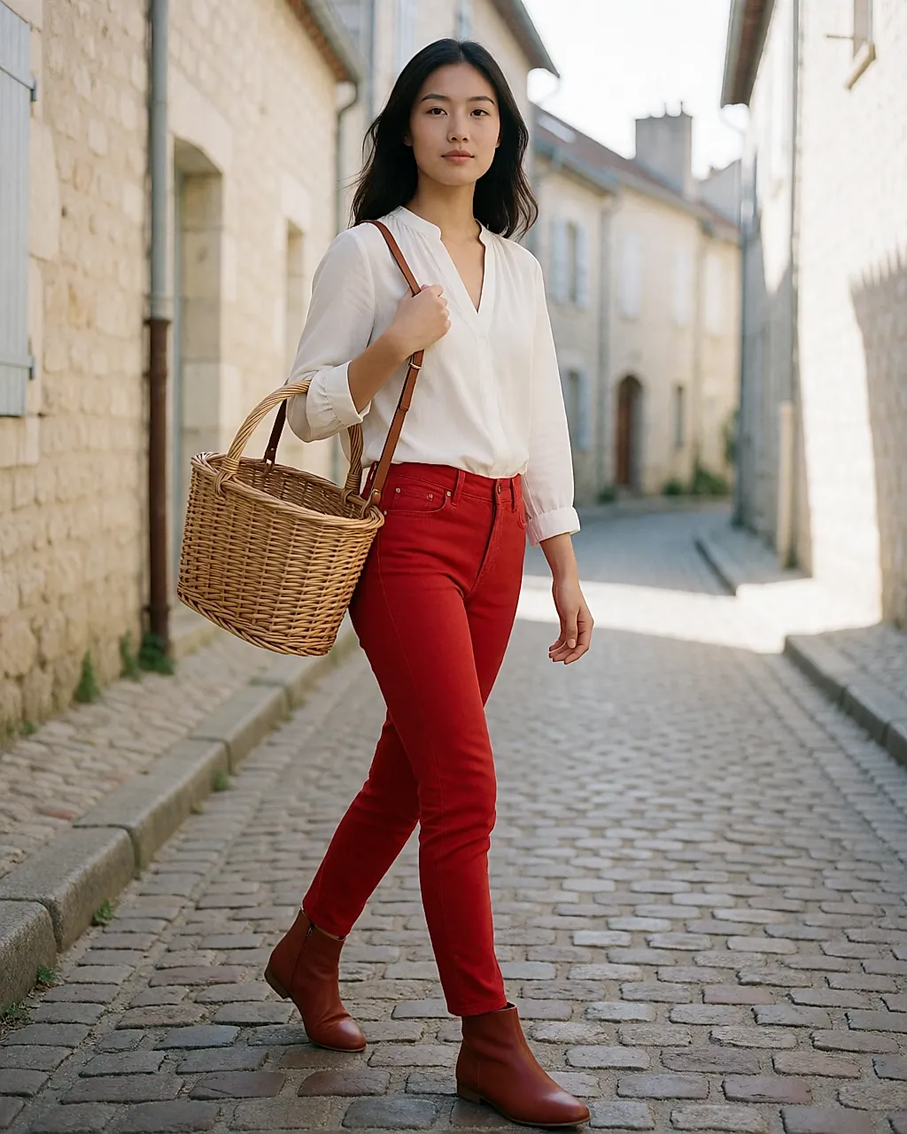 Une jeune femme en slim rouge, marchant dans une rue pavée au matin