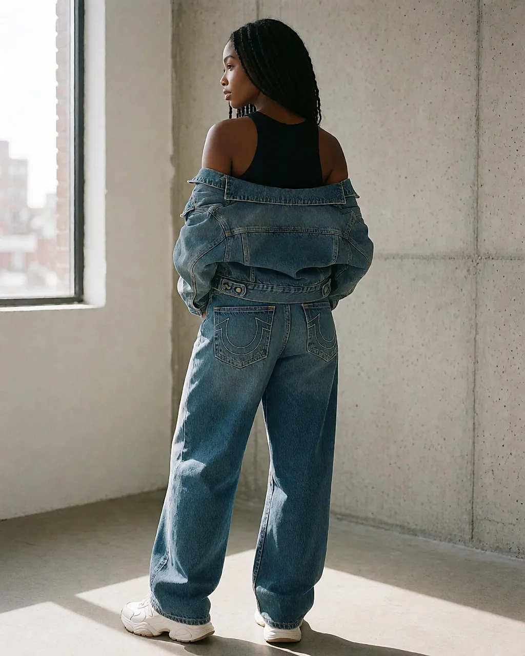 Vue de dos d'un jean baggy True Religion, surpiqûre fer à cheval sur les poches