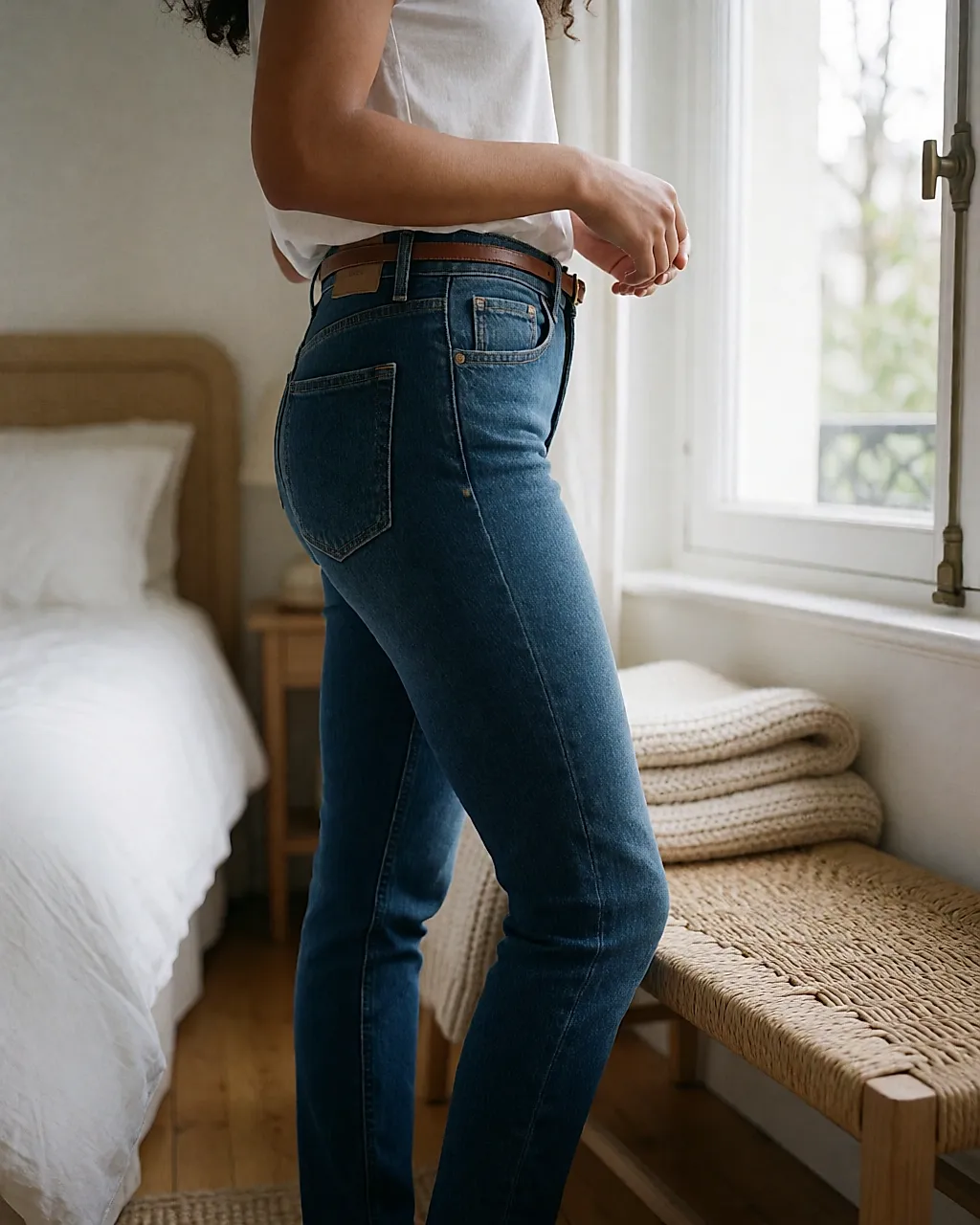Un jean slim en denim épais, ligne de jambe nette de la hanche à la cheville