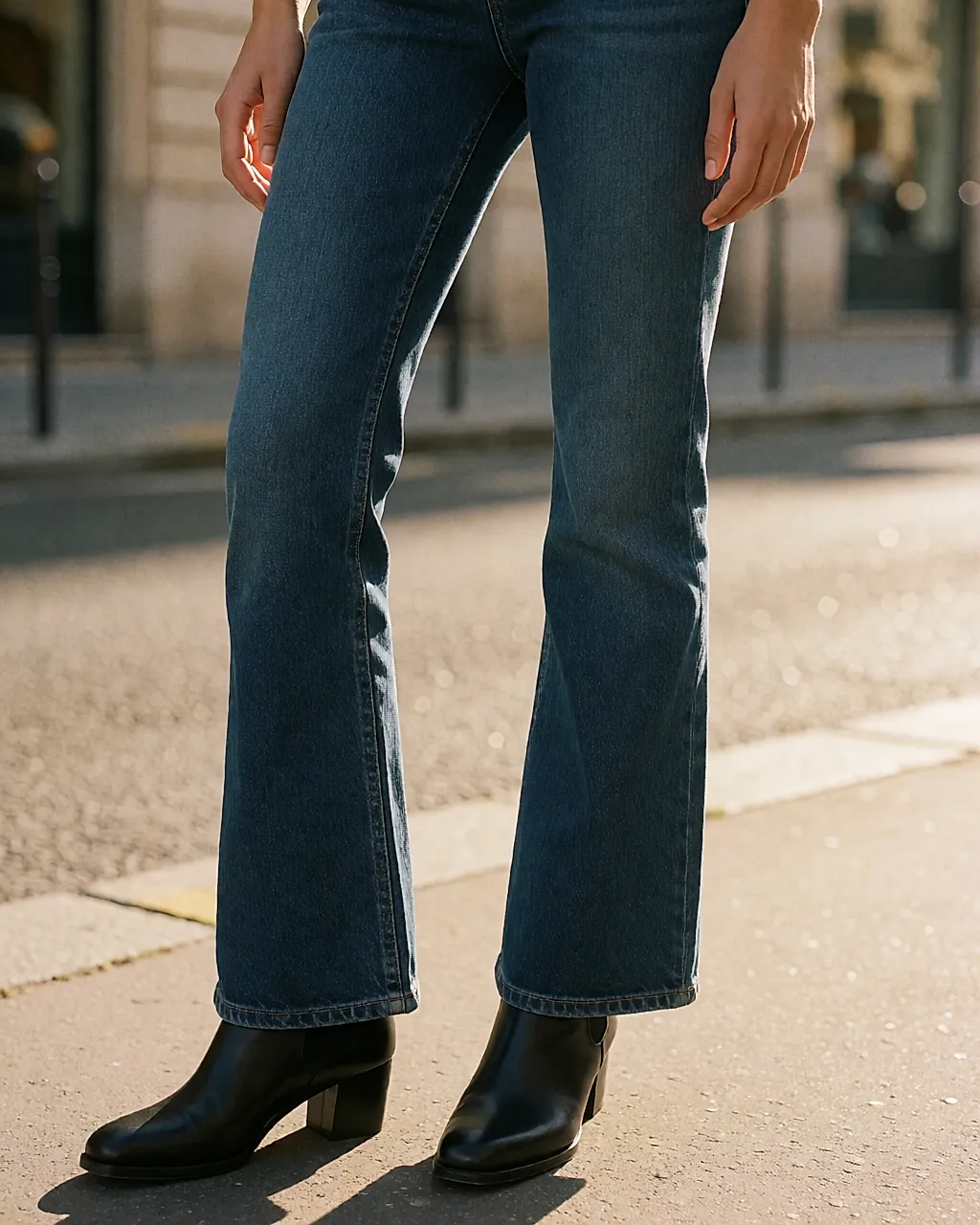 Un jean bootcut J Brand qui recouvre juste une bottine en cuir noir