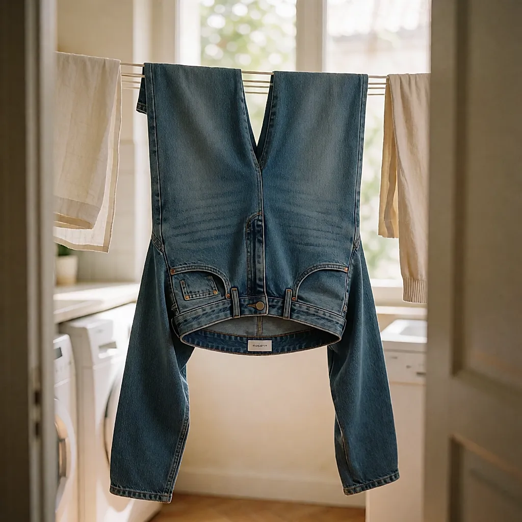 Un jean suspendu à l'envers sur un étendoir, dans une buanderie lumineuse
