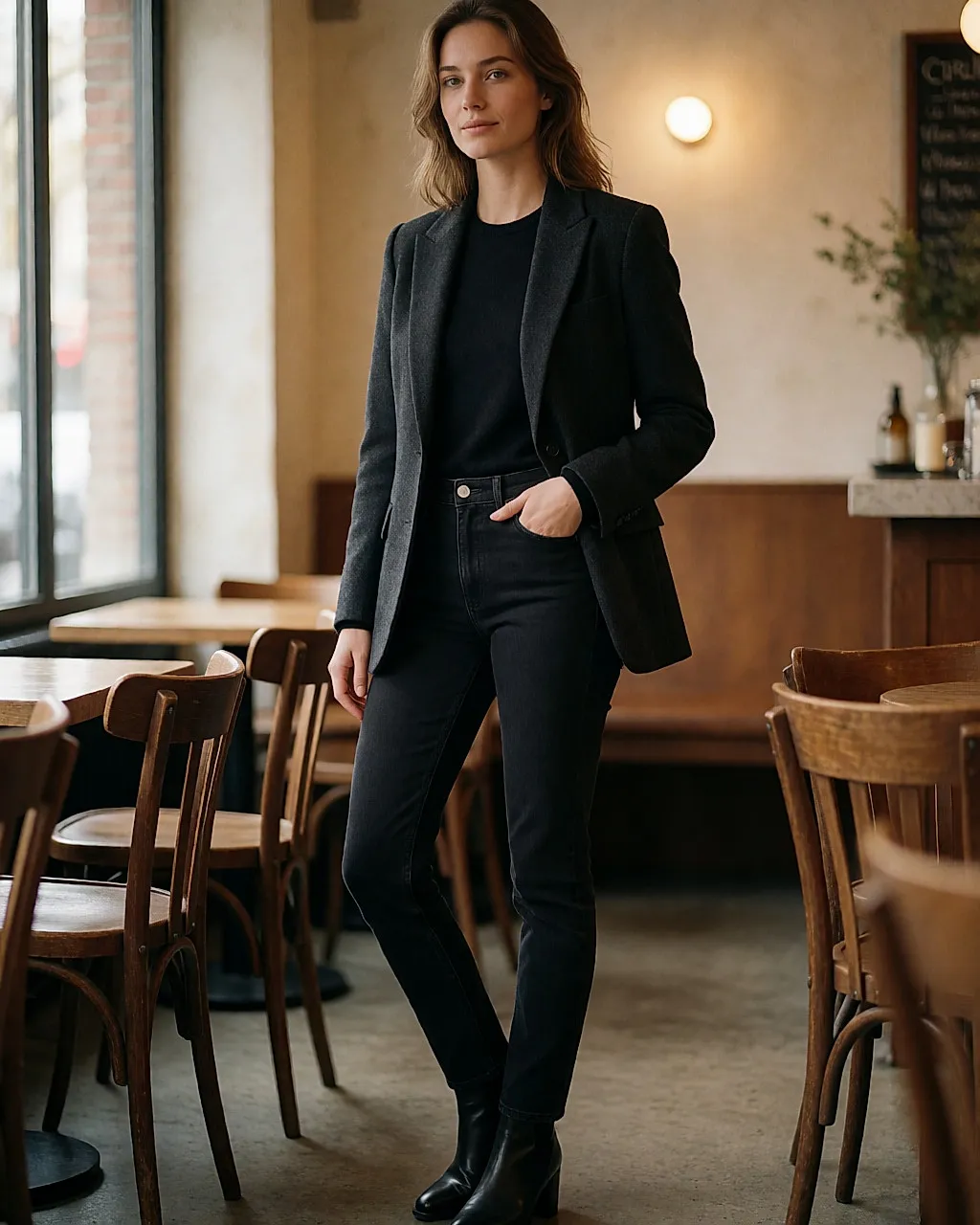 Femme en jean slim foncé et blazer structuré, debout dans un café, vue de trois-quarts