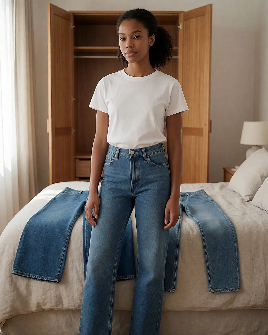 Jeune femme en jean droit devant une armoire, deux autres jeans posés sur le lit