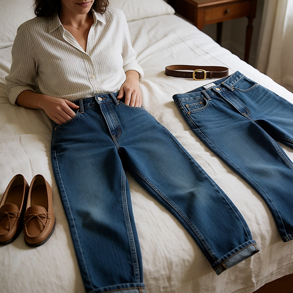Jeans large taille haute posé à plat sur un lit clair avec mocassins et ceinture