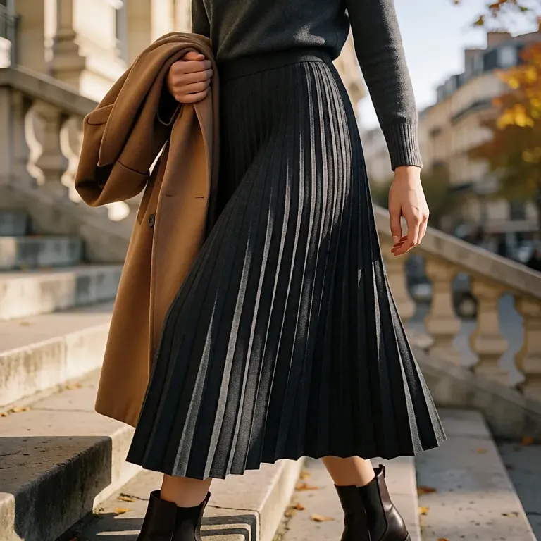 Jupe midi plissée en laine : le tombé souple qui suit le pas et structure la silhouette sans rigidité