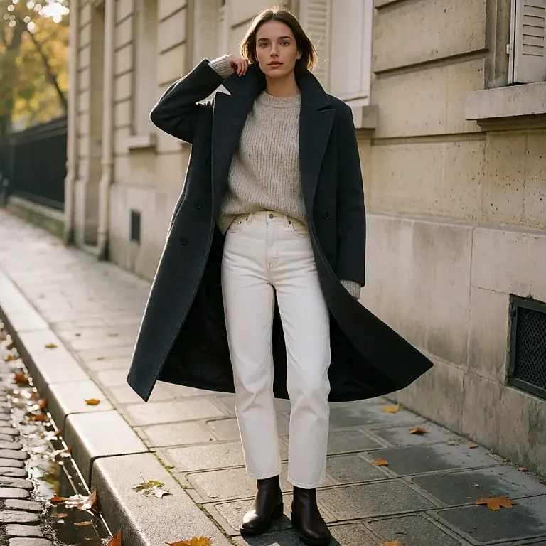 Jeans blancs : la pièce claire qui éclaire un vestiaire d'automne, sous manteau sombre et maille chaude