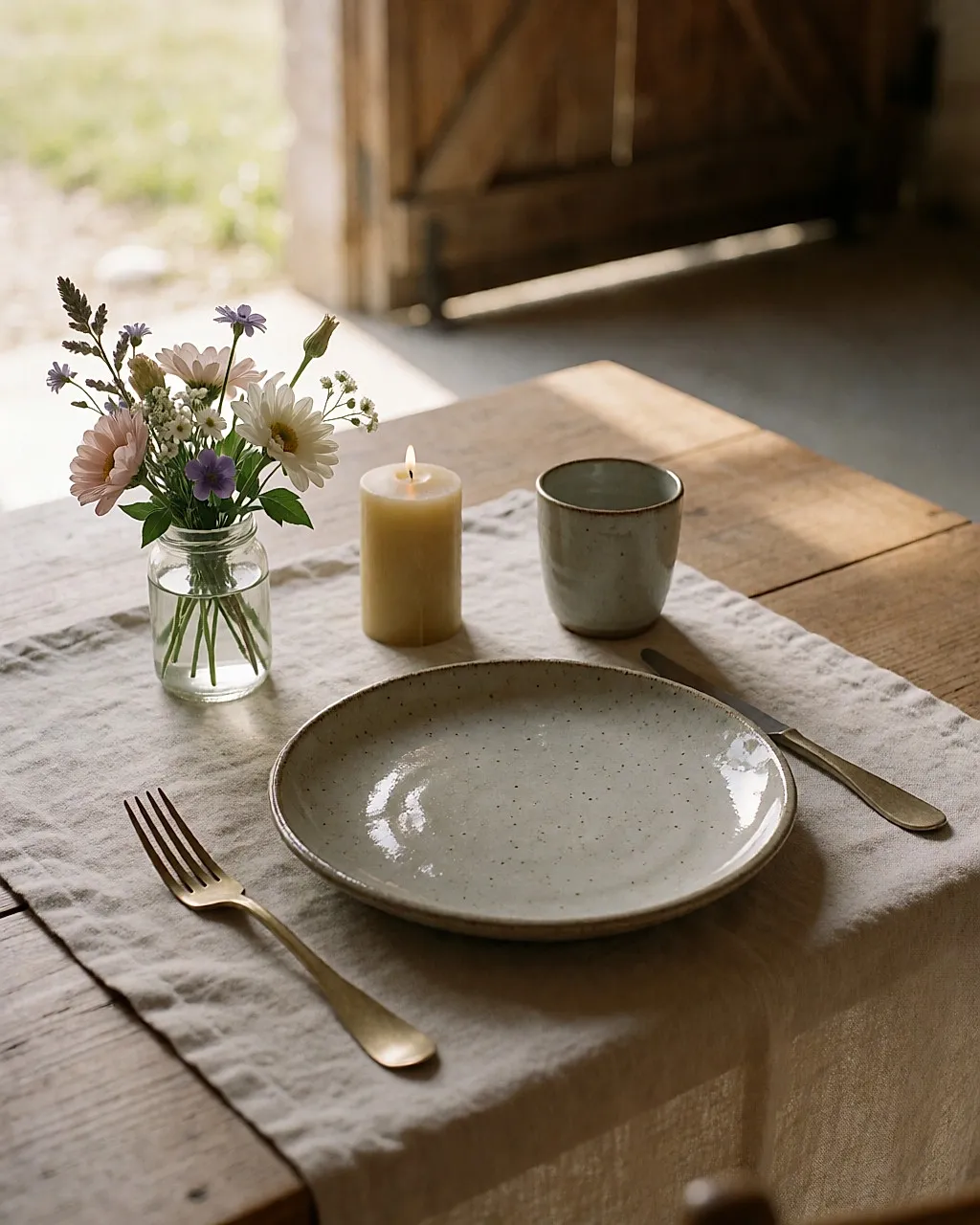 Détail d'un couvert de mariage : lin froissé, assiette en grès artisanal, fleurs de saison et bougie