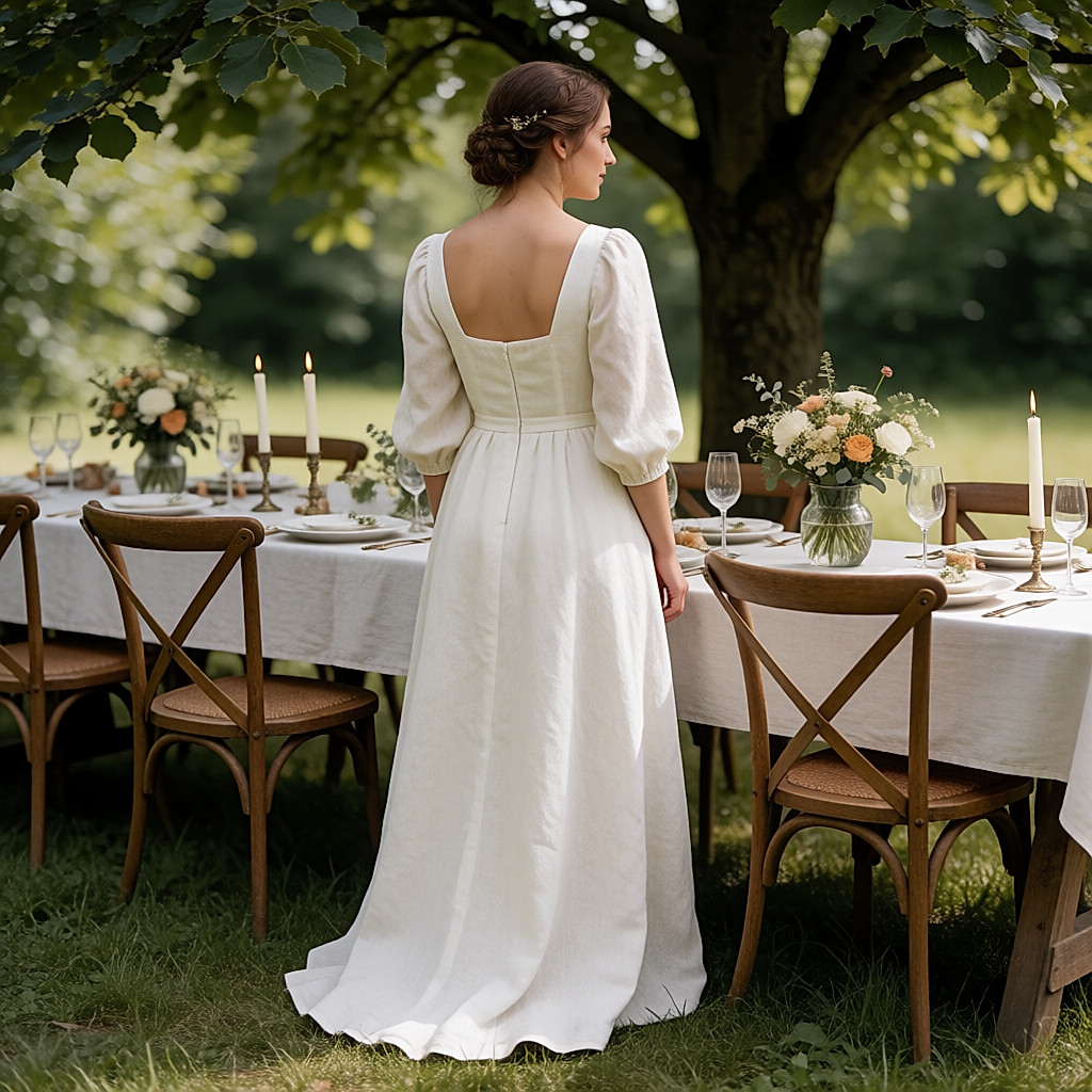 Repas de mariage champêtre : mariée de dos en robe de lin à une longue table en bois sous un arbre