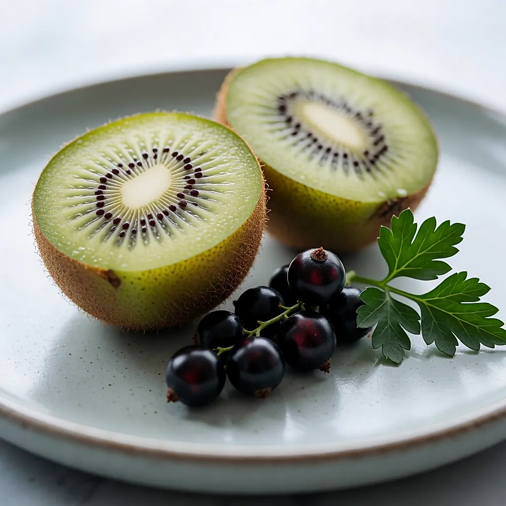 Kiwi coupé en deux, cassis et persil frais sur une assiette en céramique