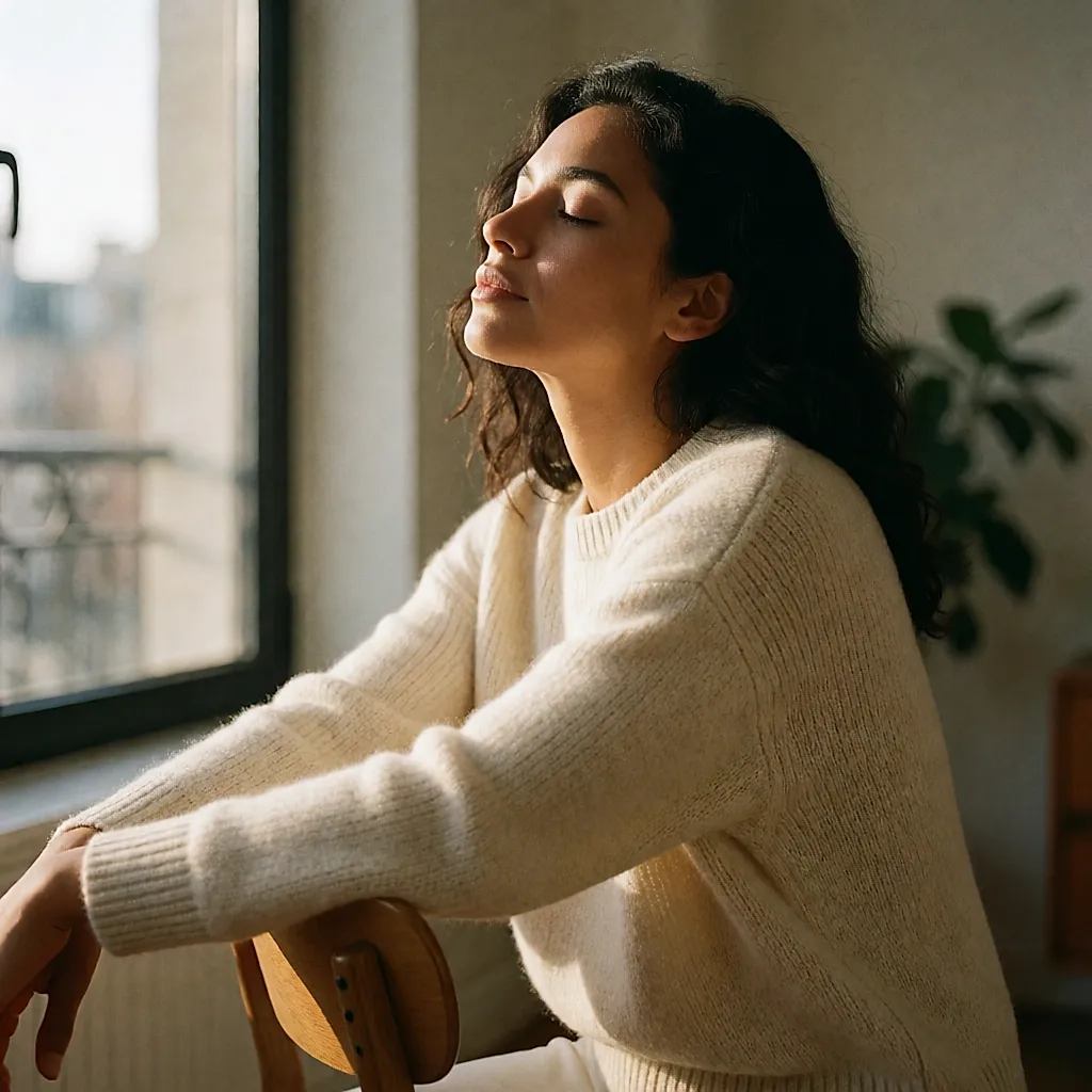 Une femme assise près d'une fenêtre, la lumière du soleil sur le bras