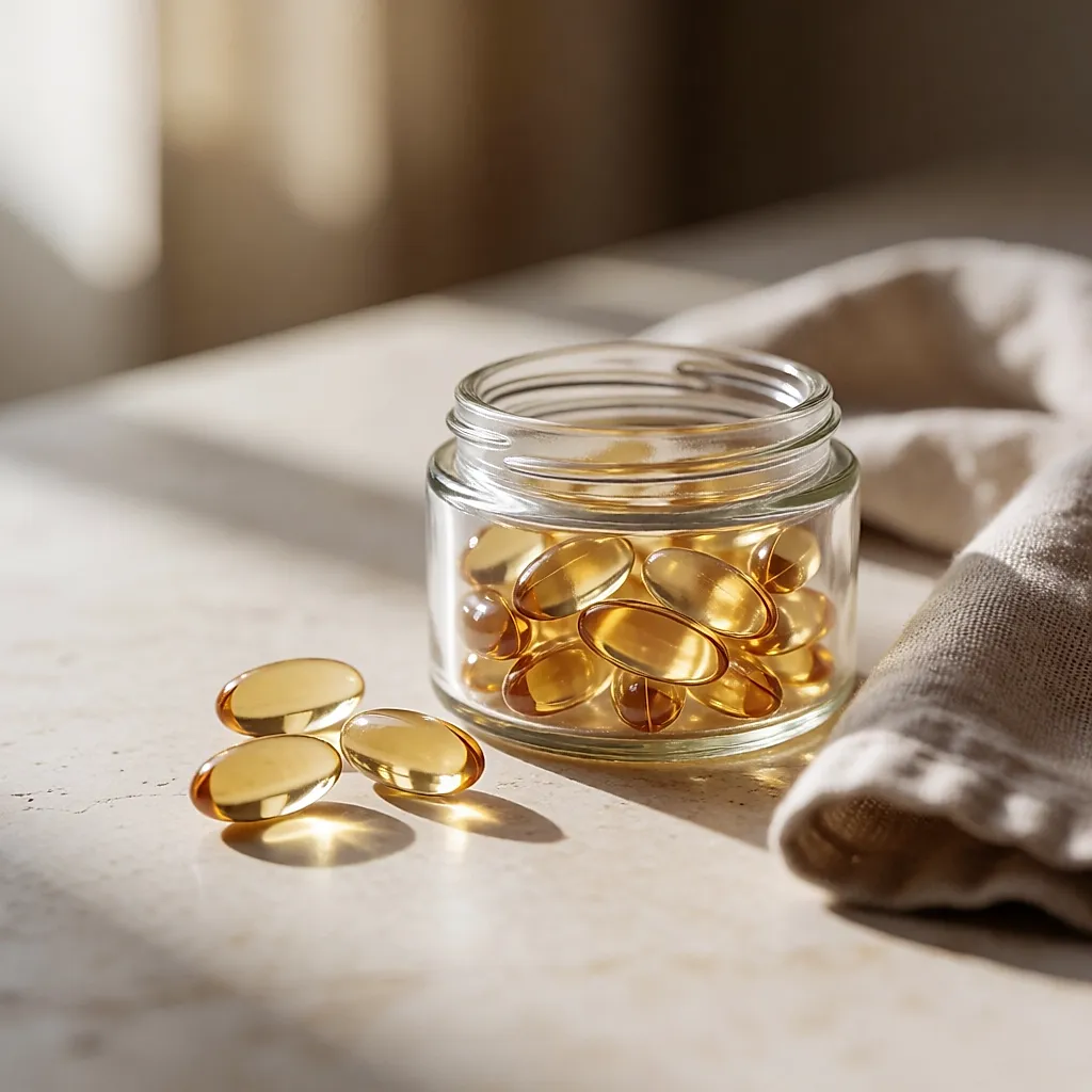 Gélules dorées de vitamine E renversées sur une surface en pierre claire