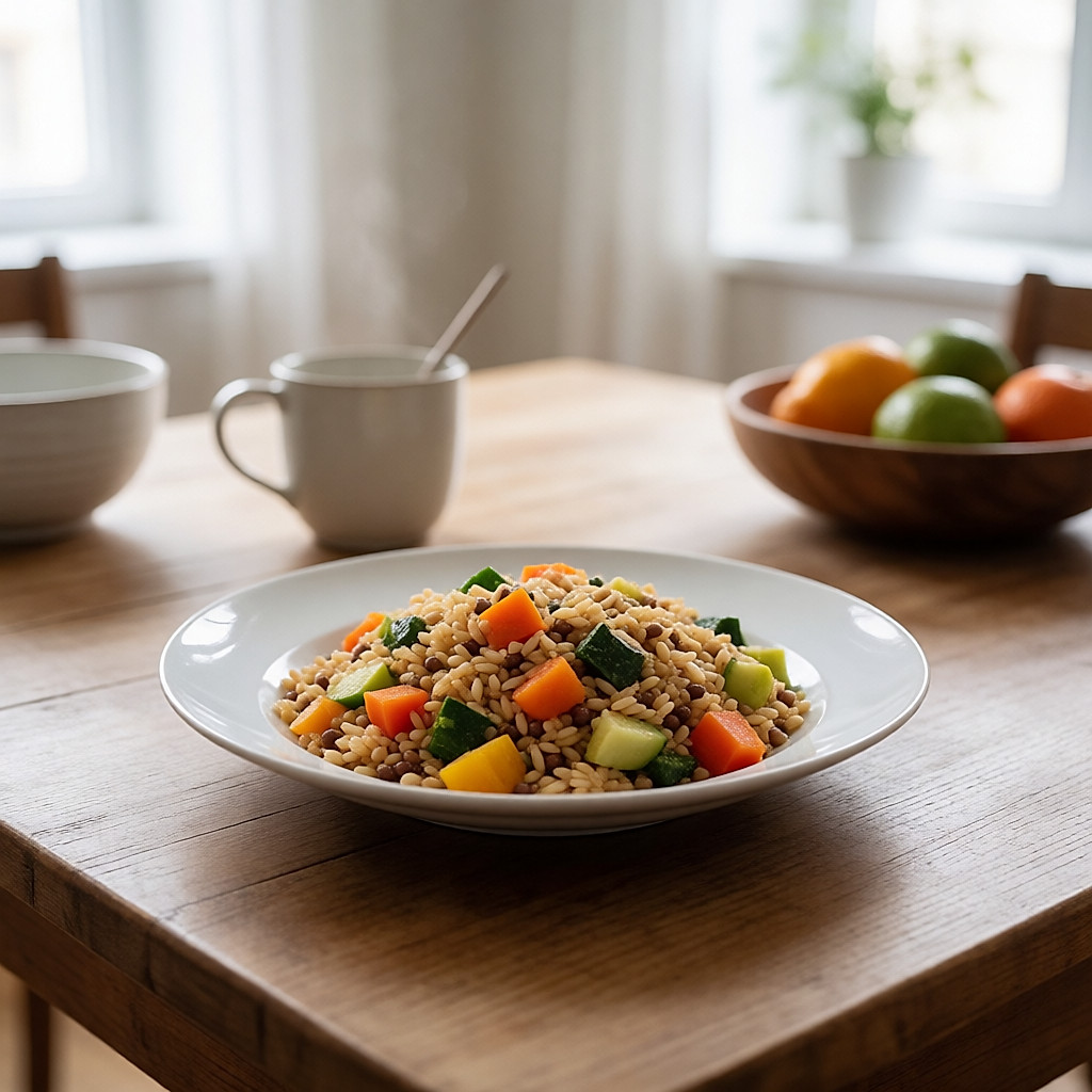 Bol repas équilibré et coloré, légumes, légumineuses et céréales, sur table en bois