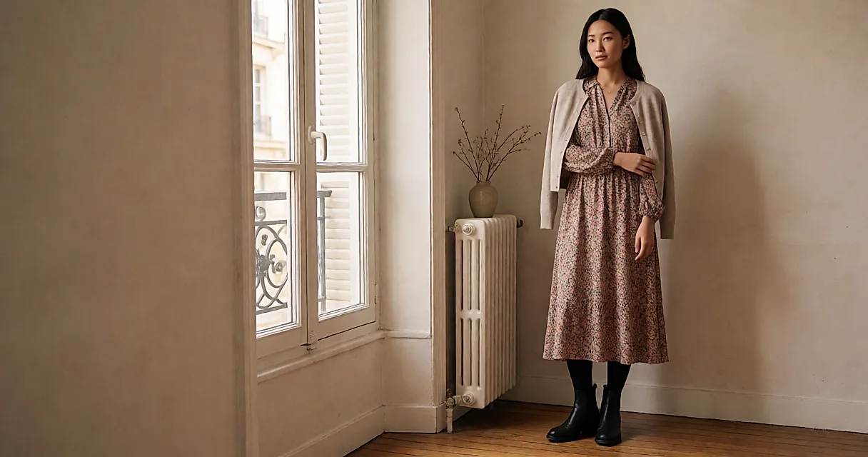 Robes imprimées, collants opaques et boots : la silhouette d’entre-saison à la fin octobre