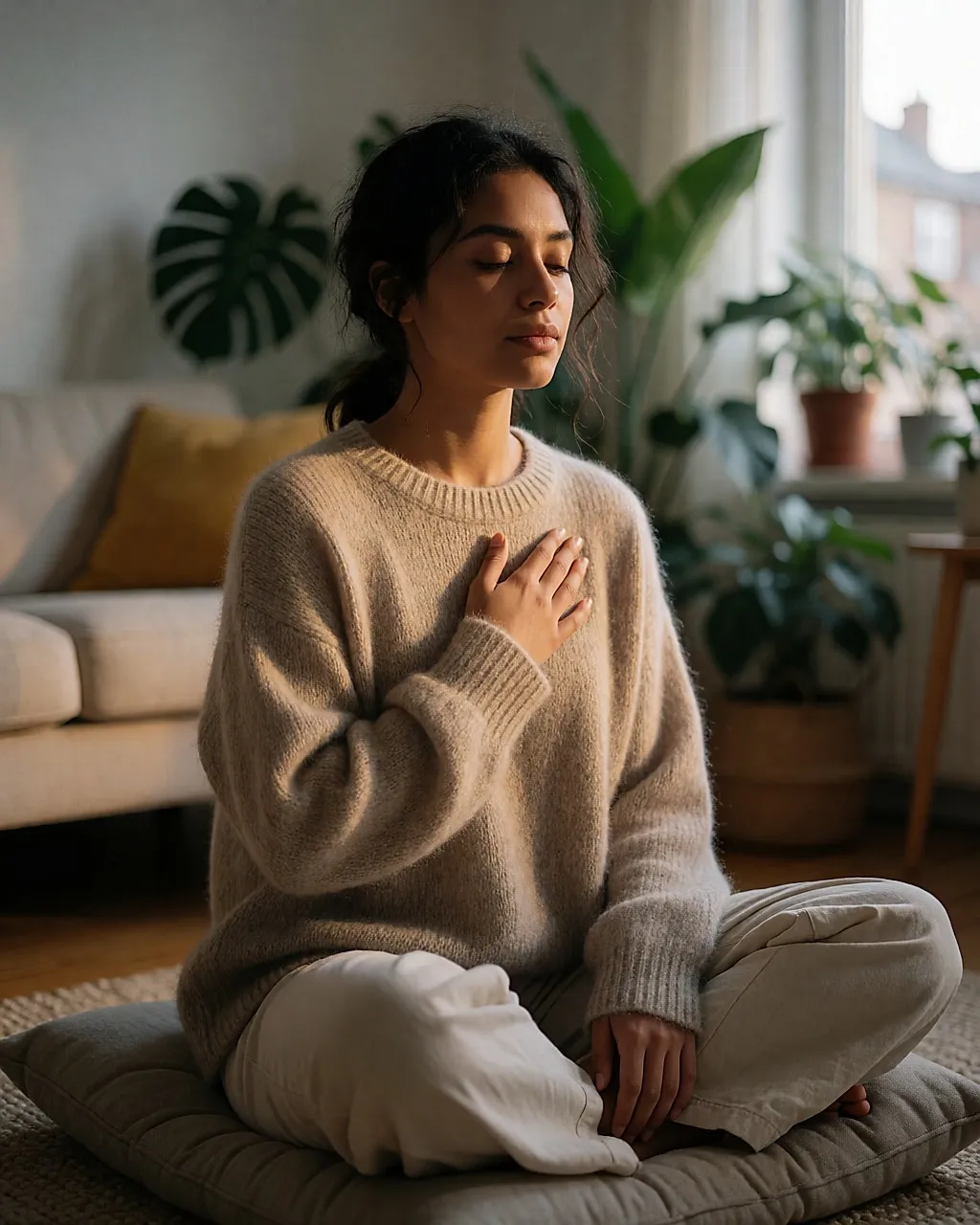 Jeune femme assise au calme, une main sur la poitrine, respirant lentement le soir