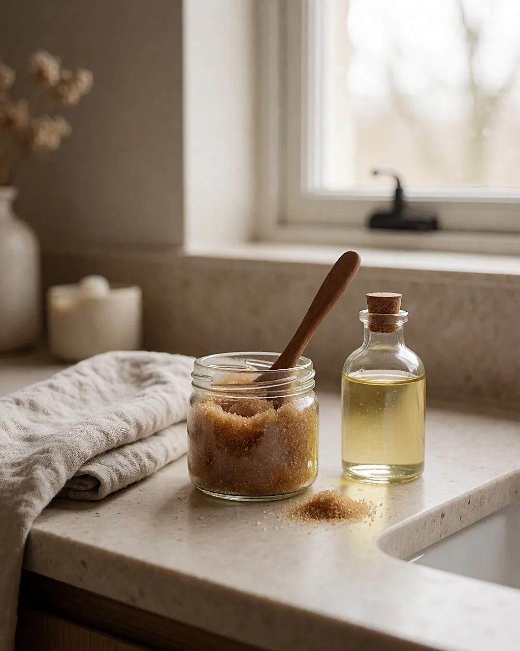 Gommage maison au sucre et à l'huile végétale posé sur un meuble de salle de bain