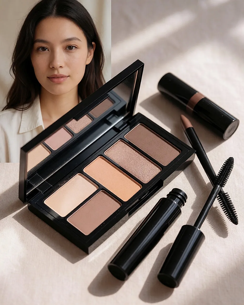 Palette de fards neutres beige, rose pâle, abricot et taupe, mascara noir et crayon brun posés sur du lin clair