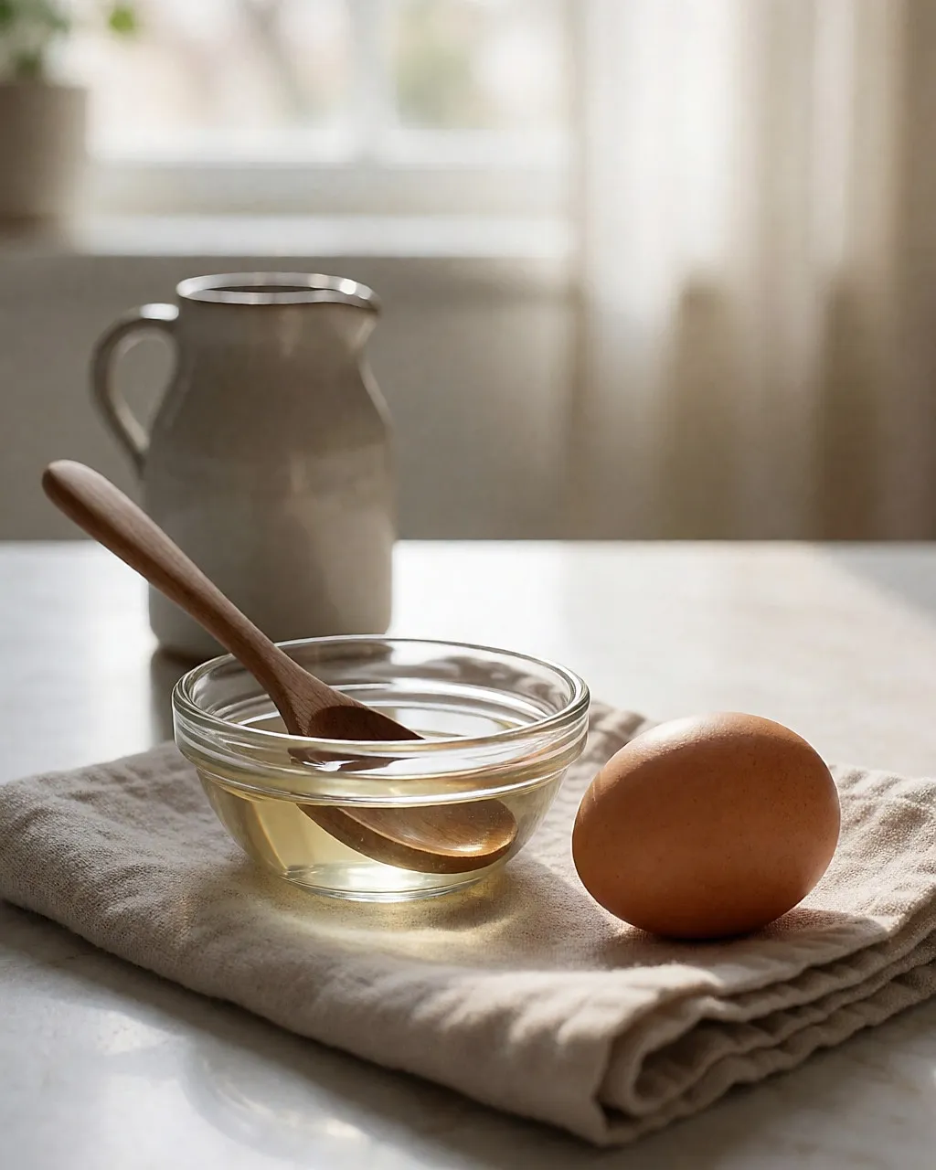 Petit bol de vinaigre dilué et œuf brun posés sur un linge de lin dans une salle de bain lumineuse