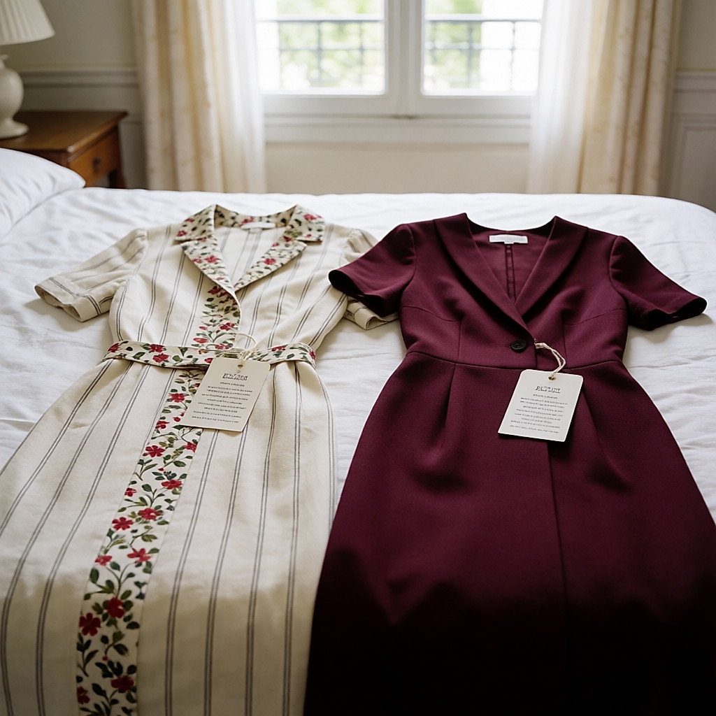 Trois vêtements jamais portés posés côte à côte sur un lit, étiquettes attachées