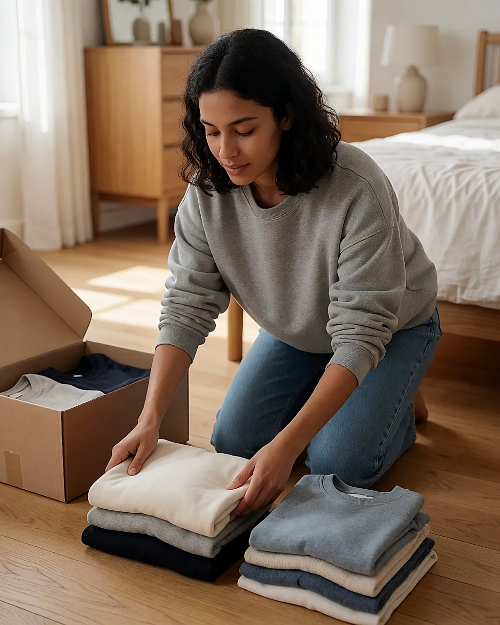 Jeune femme agenouillée triant des vêtements pliés en piles sur un parquet clair