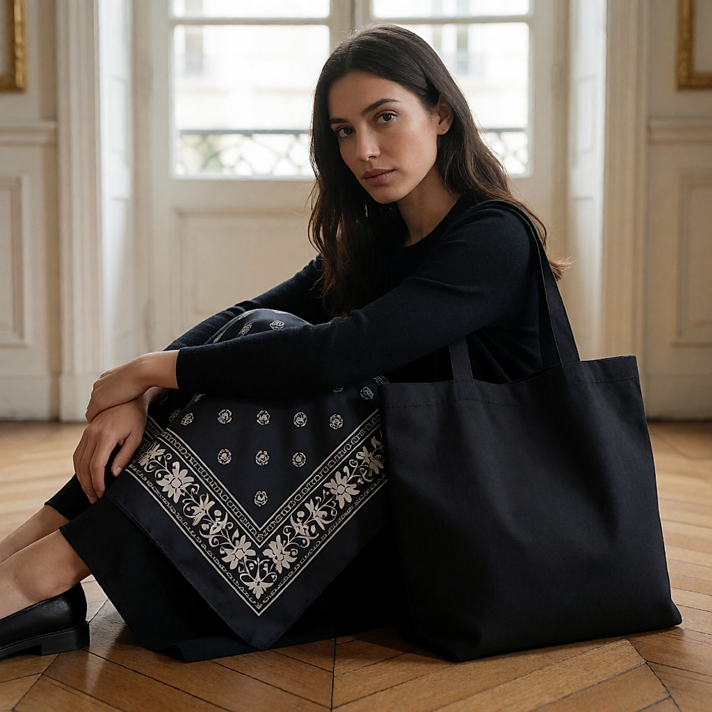 Bottes en cuir noir, foulard en soie et tote bag en toile posés sur un parquet