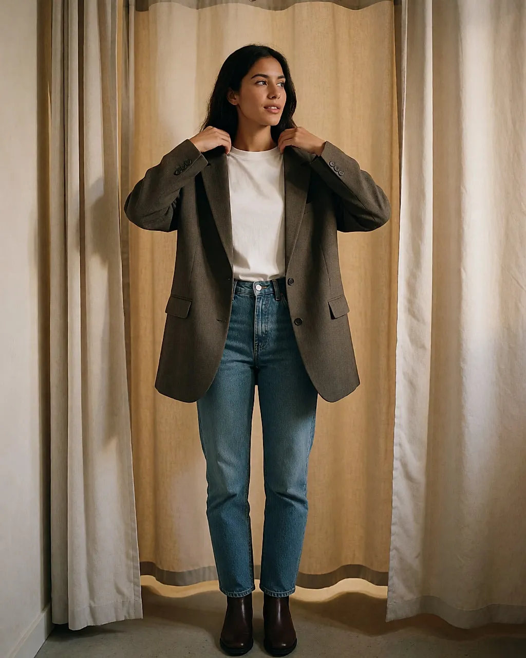 Jeune femme ajustant un blazer vintage dans une cabine d'essayage
