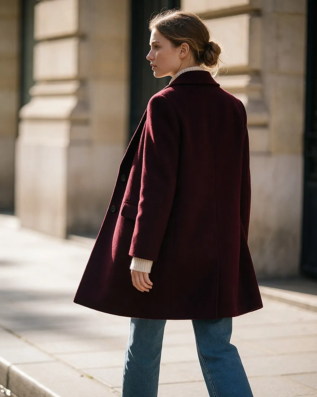 Jeune femme de dos marchant dans la rue avec un manteau en laine de seconde main