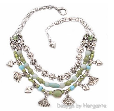 Collier argent vert et turquoise